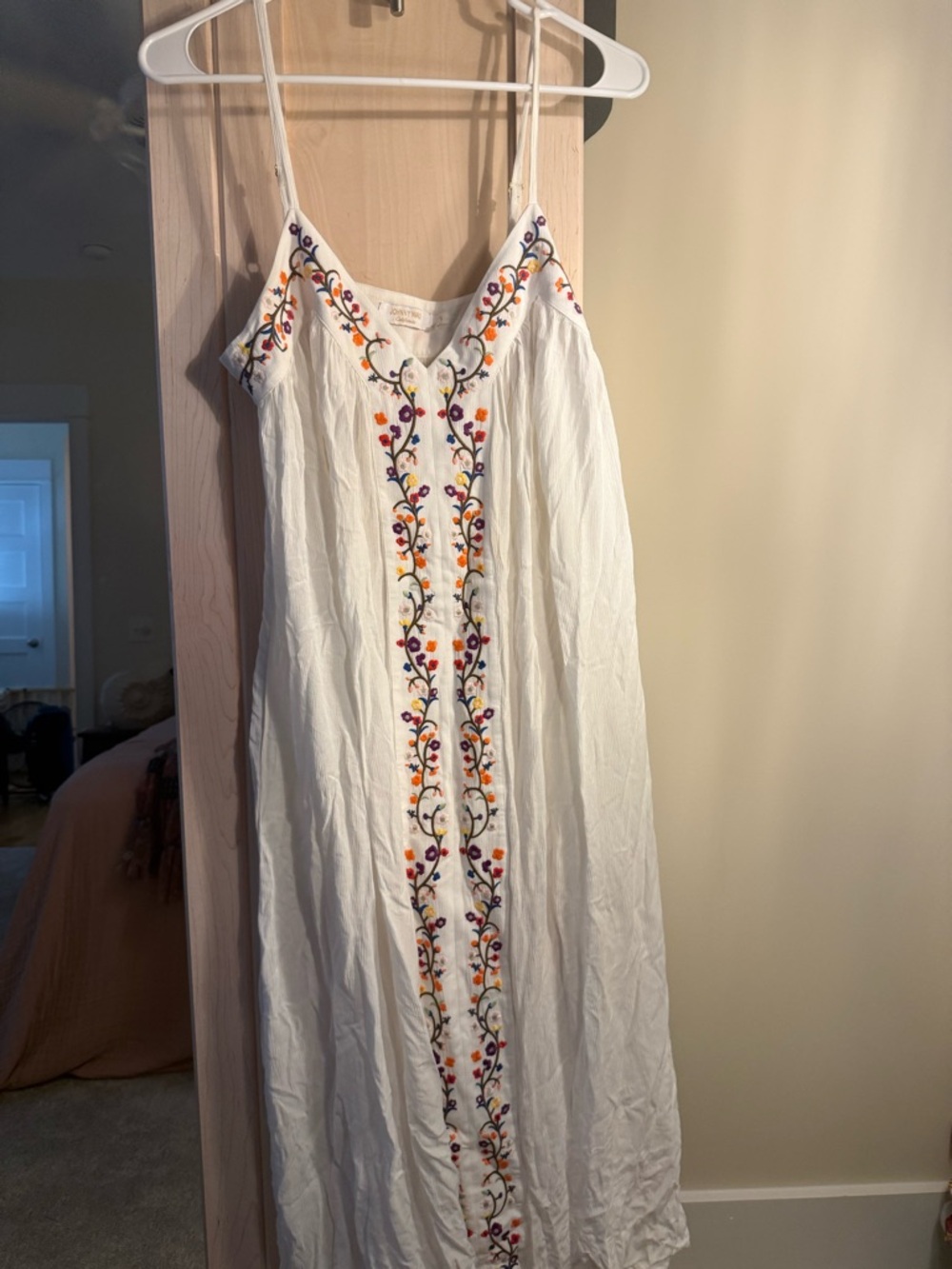 Johnny Was White Embroidered Maxi Dress with Multicolor Floral Trim